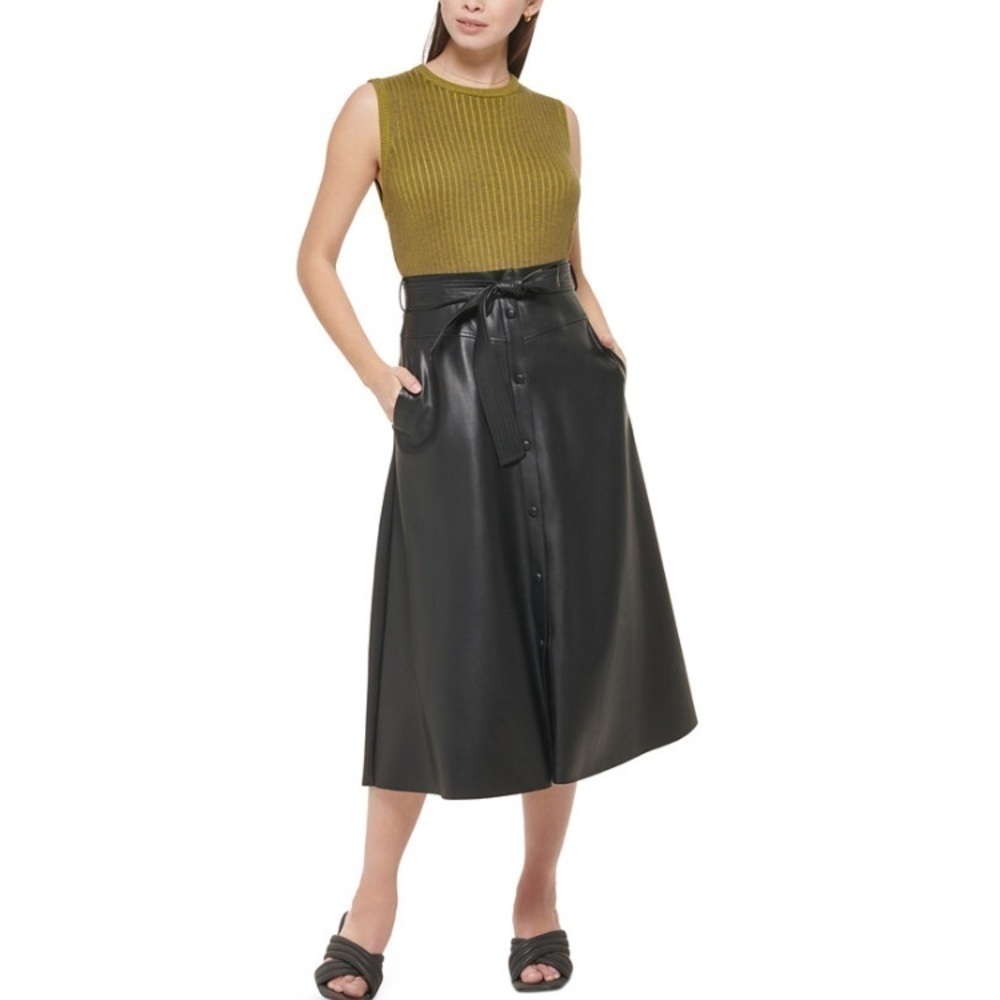 Calvin Klein Black Faux Leather Button Front Belted A-Line Midi Skirt